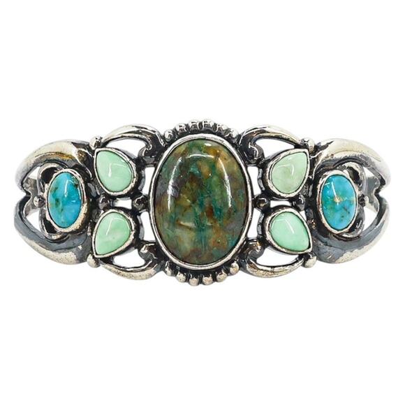 Southwestern Relios Sterling Cuff Bracelet Chrysocolla Chrysoprase Turquoise - Picture 1 of 10